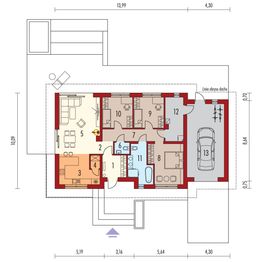 Projekt domu Mini 4 w. IV G1 - rzut parteru, dom liczy 3 pokoje, 2 łazienki i wc