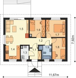 Projekt domu Tebe 5 szkielet drewniany - rzut parteru, dom liczy 3 pokoje, 1 łazienki i wc
