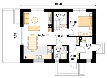 Projekt domu Fortunka - rzut parteru, dom liczy 4 pokoje, 2 łazienki i wc