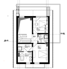 Projekt domu Stodoła z antresolą poszerzony salon - rzut poddasza, dom liczy 3 pokoje, 3 łazienki i wc