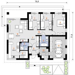 Projekt domu Sabina (1981) - rzut parteru, dom liczy 3 pokoje, 2 łazienki i wc