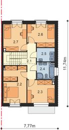 Projekt domu Alicjusz bliźniak - rzut 1 piętra, dom liczy 4 pokoje, 2 łazienki i wc