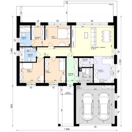 Projekt domu na Majowej z garażem - rzut parteru, dom liczy 3 pokoje, 2 łazienki i wc