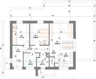 Projekt domu Kalia - rzut parteru, dom liczy 2 pokoje, 1 łazienki i wc
