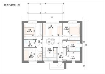 Projekt domu Aria - rzut parteru, dom liczy 3 pokoje, 2 łazienki i wc