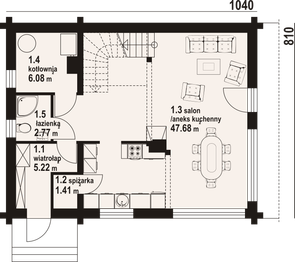 Projekt domu Osiek 305 dw - rzut parteru, dom liczy 4 pokoje, 2 łazienki i wc