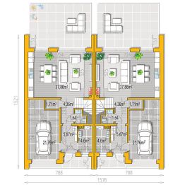 Projekt domu Ella Mini dom jednorodzinny dwulokalowy - rzut parteru, dom liczy 6 pokoje, 6 łazienki i wc
