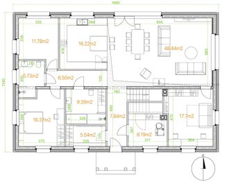 Projekt domu eko Typowy 84 - rzut parteru, dom liczy 5 pokoje, 2 łazienki i wc