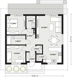 Projekt domu Gaja 5 drewniana - rzut parteru, dom liczy 2 pokoje, 2 łazienki i wc