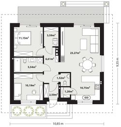 Projekt domu Galia 3 - rzut parteru, dom liczy 2 pokoje, 2 łazienki i wc