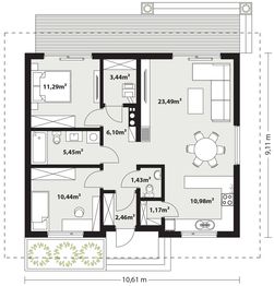 Projekt domu Galia 3 drewniana - rzut parteru, dom liczy 2 pokoje, 2 łazienki i wc
