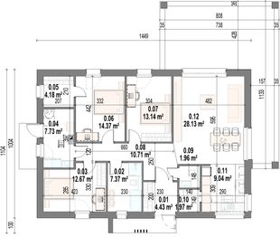 Projekt domu Vivia - rzut parteru, dom liczy 3 pokoje, 2 łazienki i wc