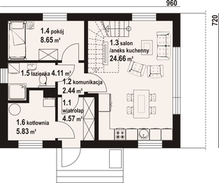 Projekt domu Hebdowice aa 70 - rzut parteru, dom liczy 4 pokoje, 2 łazienki i wc