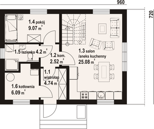 Projekt domu Hebdowice aa 70 dws - rzut parteru, dom liczy 4 pokoje, 2 łazienki i wc