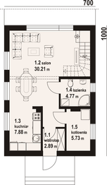 Projekt domu Radowice aa 70 - rzut parteru, dom liczy 4 pokoje, 2 łazienki i wc