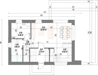 Projekt domu Forma - rzut parteru, dom liczy 3 pokoje, 2 łazienki i wc