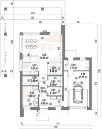 Projekt domu Grala - rzut parteru, dom liczy 4 pokoje, 3 łazienki i wc