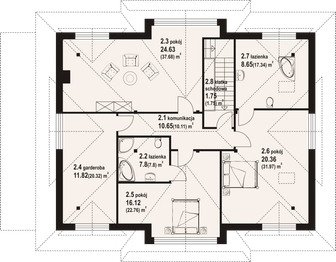 Projekt domu Chmielniki dw 44 - rzut poddasza, dom liczy 5 pokoje, 4 łazienki i wc