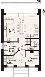 Projekt domu Gorlice m - rzut parteru, dom liczy 3 pokoje, 2 łazienki i wc