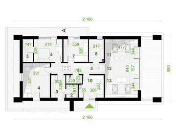 Projekt domu PióroArchitekci - 19 szkieletowy - rzut parteru, dom liczy 4 pokoje, 2 łazienki i wc