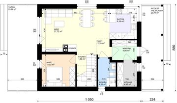 Projekt domu na leśnej - rzut parteru, dom liczy 4 pokoje, 2 łazienki i wc