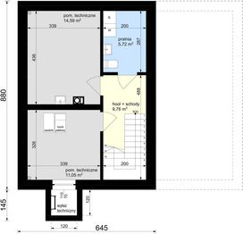 Projekt domu na leśnej - rzut piwnicy, dom liczy 4 pokoje, 2 łazienki i wc