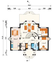Projekt domu Rezeda (593) - rzut parteru, dom liczy 5 pokoje, 3 łazienki i wc