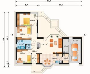 Projekt domu Lidia (868) - rzut parteru, dom liczy 3 pokoje, 2 łazienki i wc