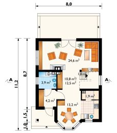 Projekt domu Kropka (791) - rzut parteru, dom liczy 3 pokoje, 2 łazienki i wc