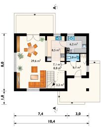 Projekt domu Drobina-2 (789) - rzut parteru, dom liczy 3 pokoje, 2 łazienki i wc