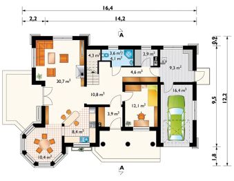 Projekt domu Zameczek Lux (992) - rzut parteru, dom liczy 4 pokoje, 2 łazienki i wc