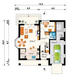 Projekt domu Saba Mała (938) - rzut parteru, dom liczy 5 pokoje, 2 łazienki i wc