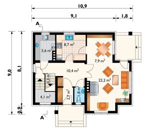 Projekt domu Prymulka (582) - rzut parteru, dom liczy 3 pokoje, 2 łazienki i wc