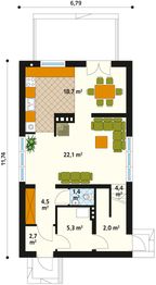 Projekt domu Wrzos - rzut parteru, dom liczy 2 pokoje, 2 łazienki i wc
