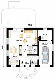 Projekt domu Chaber 3 - rzut parteru, dom liczy 3 pokoje, 3 łazienki i wc