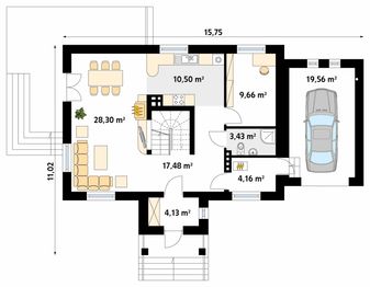 Projekt domu Sójka - rzut parteru, dom liczy 4 pokoje, 2 łazienki i wc