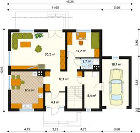 Projekt domu Hiacynt 2 - rzut parteru, dom liczy 4 pokoje, 2 łazienki i wc
