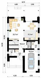 Projekt domu Lotos - rzut parteru, dom liczy 3 pokoje, 2 łazienki i wc