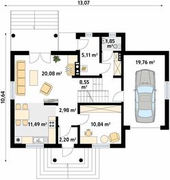Projekt domu Pik dr-S - rzut parteru, dom liczy 4 pokoje, 2 łazienki i wc