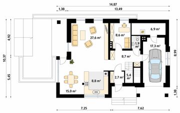 Projekt domu Storczyk - rzut parteru, dom liczy 4 pokoje, 2 łazienki i wc