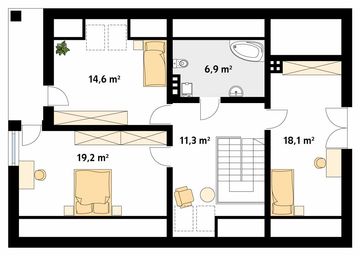 Projekt domu Storczyk - rzut poddasza, dom liczy 4 pokoje, 2 łazienki i wc