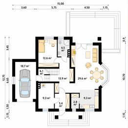 Projekt domu Puszczyk - rzut parteru, dom liczy 5 pokoje, 2 łazienki i wc