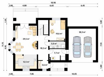 Projekt domu Caro 3 - rzut parteru, dom liczy 4 pokoje, 2 łazienki i wc
