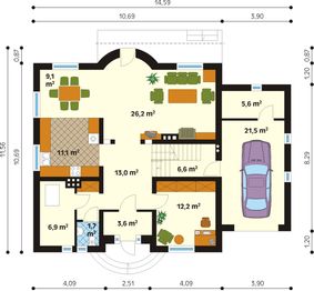Projekt domu Skowronek 2 - rzut parteru, dom liczy 4 pokoje, 3 łazienki i wc