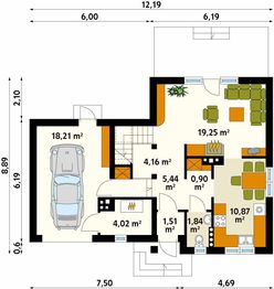 Projekt domu Jaskółka - rzut parteru, dom liczy 2 pokoje, 2 łazienki i wc