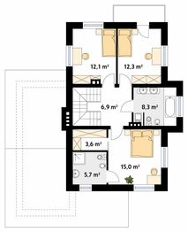Projekt domu Kobalt - rzut 1 piętra, dom liczy 4 pokoje, 3 łazienki i wc