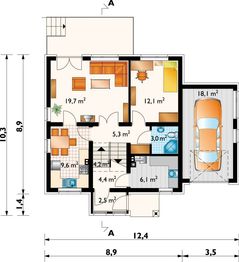 Projekt domu Krab (377) - rzut parteru, dom liczy 4 pokoje, 2 łazienki i wc