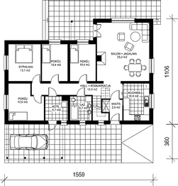 Projekt domu Olga - rzut parteru, dom liczy 4 pokoje, 1 łazienki i wc