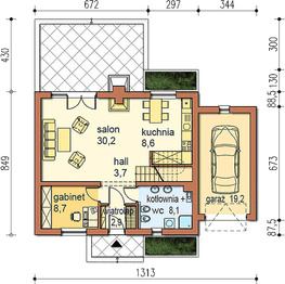 Projekt domu Mona z garażem - rzut parteru, dom liczy 4 pokoje, 1 łazienki i wc