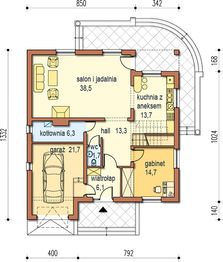 Projekt domu Arkadia - rzut parteru, dom liczy 4 pokoje, 3 łazienki i wc